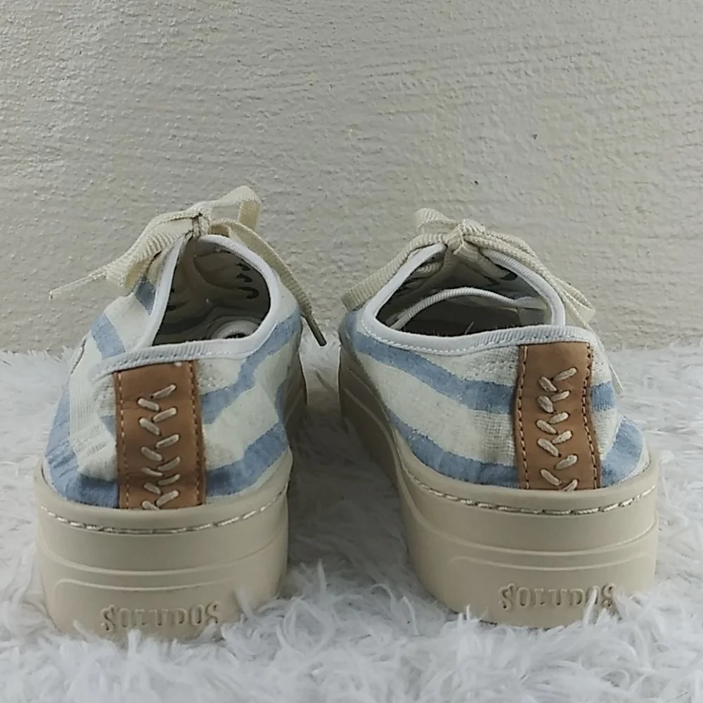 Soludos Blue Striped Fabric Upper Almond Toe Lace Up Low Top Platform Sneaker - Picture 5 of 15